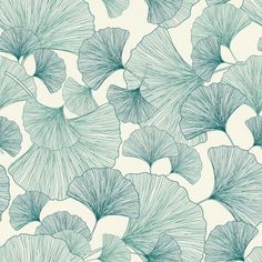 a blue and white wallpaper with large leaves on the bottom half of each leaf