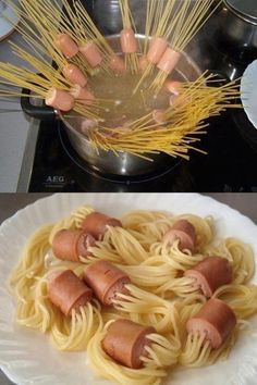 two pictures with spaghetti and hotdogs in them on the same plate, one is being cooked