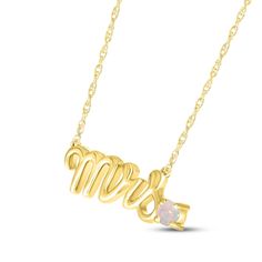 Mark a bride's change of status with this charming necklace featuring "Mrs." spelled out in elegant 10K yellow gold letters. A lab-created opal perfectly punctuates the word art, adding sparkle and making it a delightful piece to highlight the unique sense of style of the wife-to-be. The pendant rests amidst an 18-inch rope chain that secures with a spring ring clasp. Yellow Gold Name Necklace For Valentine's Day, Valentine's Day 14k Yellow Gold Name Necklace, Valentine's Day Yellow Gold Initial Name Necklace, Valentine's Day Yellow Gold Pendant Name Necklace, Valentine's Day Yellow Gold Initial Pendant Necklace, Mrs Necklace, Wife To Be, Gold Letters, Rope Chain