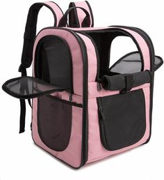 a pink and black dog carrier with its front door open to show the back compartment