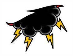 a black bird with yellow lightnings on it's back and its wings spread out