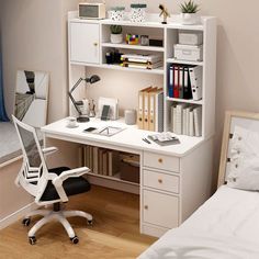 a white desk and chair in a room