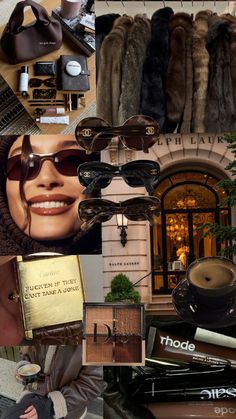 the collage shows many different types of clothing and accessories, including hats, sunglasses, eyeglasses