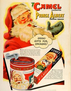 an advertisement for prince albert's christmas candy with santa claus holding a bag of gifts