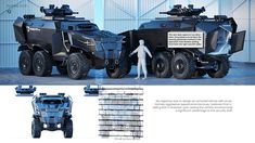 an armored vehicle with two people standing next to it