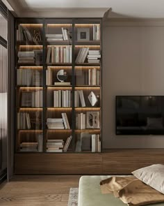 a living room with bookshelves and a television