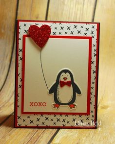 a card with a penguin holding a heart shaped balloon on it's side and the words xoxo written in red