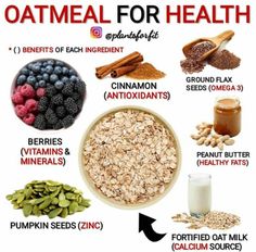 an image of oatmeal for health with the words, benefits and ingredients