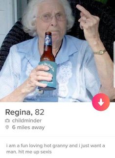 an old woman holding a beer in her hand