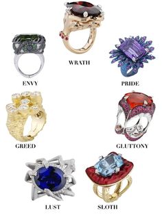 Stephen Websters seven deadly sins rings.Only seven of each ring were made The 7 Deadly Sins, Stephen Webster, 7 Deadly Sins, Deadly Sins, Ring Collection, Seven Deadly Sins, Ring Collections, The Seven, Unique Rings