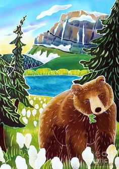 a painting of a brown bear in the woods with flowers and trees around him is shown