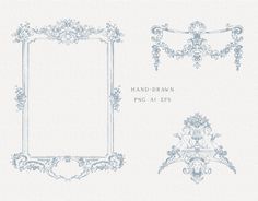 an ornate frame with flowers and vines in blue ink on a white paper, set of three