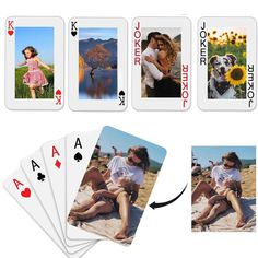 four playing cards with pictures of people and dogs on them, all in different positions