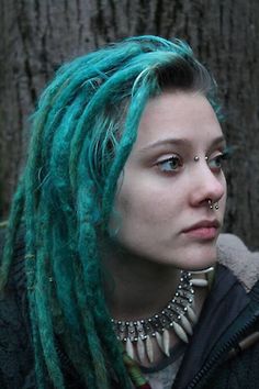 Still thinking of getting real dreads myself - teal/turquoise dreads #prom green hairstyles Teal Dreads, Piercing No Rosto, Bridge Piercings, Green Hairstyles, Bridge Piercing, Beautiful Dreadlocks