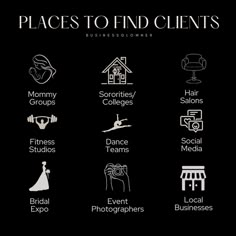 a black and white poster with the words places to find client's on it