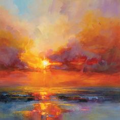 an oil painting of the sun setting over the ocean with clouds and water in the foreground