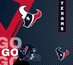 the houston texans logo is shown on a blue background with red, white and black football helmets