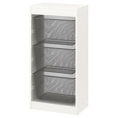 a white cabinet with three shelves and mesh baskets on the bottom, in front of a white background