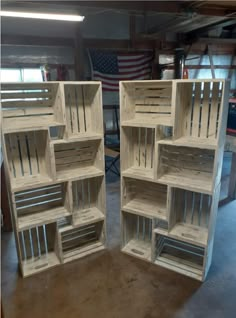 two wooden crates sitting on top of a floor