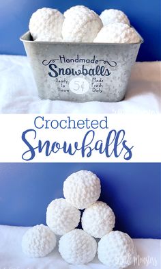 crocheted snowballs in a metal container on a bed