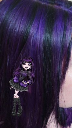 Violet Purple Hair Color, Dye Purple Hair, Black And Purple Hair Highlights, Black And Purple Highlights, Chunky Purple Highlights On Dark Hair, Raven Purple Hair, Purple Undercut, Skunk Hair Color, Purple Hair Wig Black Women