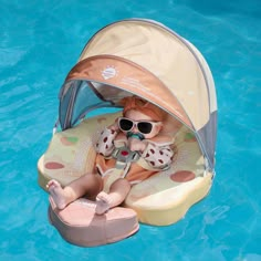 a baby is sitting in a pool with sunglasses on