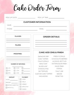 a cake order form with pink watercolor background