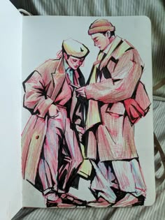 a drawing of two men standing next to each other on top of a sheet of paper