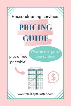 the house cleaning service pricing guide is shown in pink and blue with text overlaying it