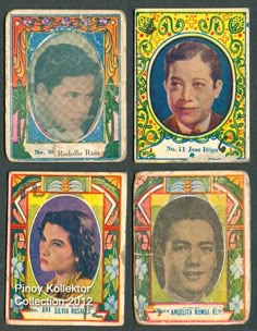 four different colored cards with portraits of people on them