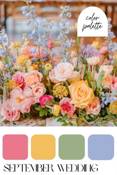 the color palette for this wedding is peach, yellow and blue with flowers in it