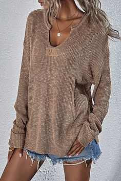 Details: Material: Acrylic. Knitting Style: Casual Pattern Type: Solid Element: Split Joint. Slit Neckline: V Neck Sleeve Style: Regular Sleeve Sleeve Length: Long Sleeve Fit Type: Loose Closed Type: Pullover Type: Solid Color Size(in) Length Shoulder Width Bust Sleeve Length S 24.8 22.4 41.7 18.9 M 25.2 23.2 43.3 19.3 L 25.6 24 44.9 19.7 XL 26 24.8 46.5 20.1 Tips:Due to the many variations in monitors. the color in the image could look slightly different. please take physical design and color s Loose Tank Top Outfit, Tank Top Outfit, Loose Tank Top, Loose Tank, Sweater Oversize, Top Outfit, Long Sleeve Knit Tops, Casual Sweaters, Oversized Sweater