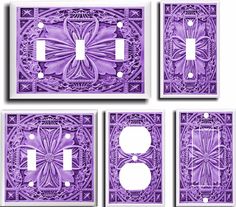 four purple and white paper cutouts with flowers on the front, one in the middle