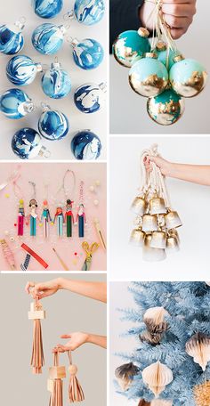 various pictures of different ornaments hanging from the ceiling and in front of a blue christmas tree