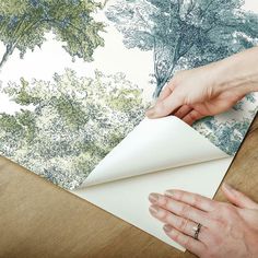 two hands are holding papers on top of a table with trees printed on the wall behind them