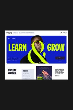 an image of a web page with the words learn and grow on it, in yellow