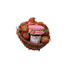 strawberries and jam in a basket with gingham checker hat on top