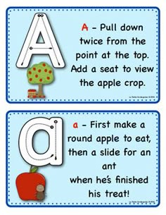 two posters with the letter a and an apple on them, both have different words