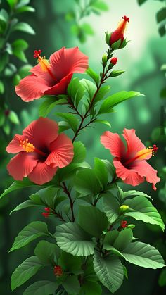 some red flowers and green leaves on a sunny day