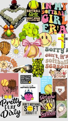 a collage of various sports related items and words, including baseball gloves, balls, softball mitts, bats, flowers, etc