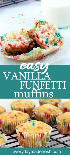 easy vanilla muffins with colorful sprinkles on top