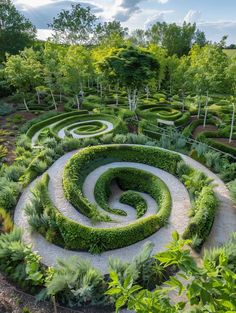 a circular garden is shown in the middle of trees and bushes, surrounded by greenery