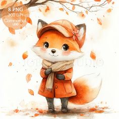 a watercolor painting of a fox wearing a hat and scarf with autumn leaves in the background