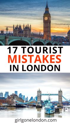 the london skyline and tower bridge with text overlay that reads 17 tourist mistakes in london