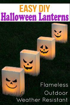 three paper bags with faces on them and the words easy diy halloween lanterns