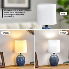 three different views of the same table lamp and one with a white shade on it