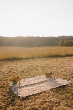 an empty picnic mat in the middle of a field