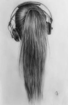 a drawing of a woman's head with headphones and long hair is shown in black and white