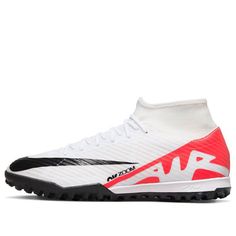 a white and red soccer shoe on a white background