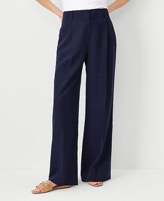 Our single pleated wide-leg pant is a modern must-have with a perfect drape and high waist that endlessly flatters. Front zip with double hook-and-bar closure. Belt loops. Front pleats. Front off-seam pockets. Back besom pockets.,Leg Shape:Leg Shape: Wide Leg – a modern must-have with a statement leg and Flattering high waist,Rise:High rise: sits 1/2" to 1" below natural waist,Imported:Imported,Fit:Fit: Relaxed & easy,Length:Full length: 31" inseam with 26 1/2" leg opening,Fabrication:67% Lyocel Navy Dress Pants Women, Navy Trousers, Navy Blue Dress Pants, Romantic Classic, Navy Dress Pants, Current Obsession, Slacks For Women, Wide Leg Pant, Womens Dress Pants